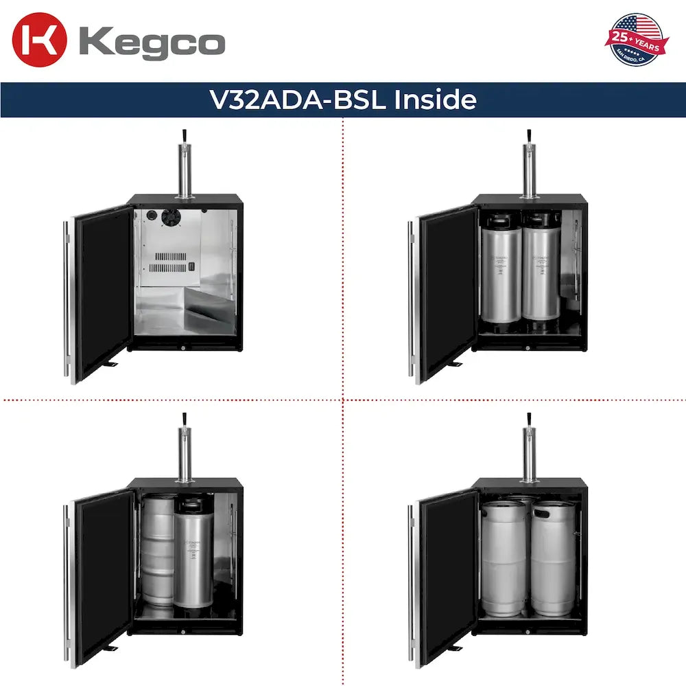 Inside views of Kegco V32ADA-BSL ADA kegerator showing keg capacity with full size, sixth barrel, and ball lock kegs