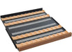 Empty Allavino glide-out wine refrigerator shelf featuring a black metal frame, built-in ball-bearing tracks, and premium wood slats with sapele wood trim.