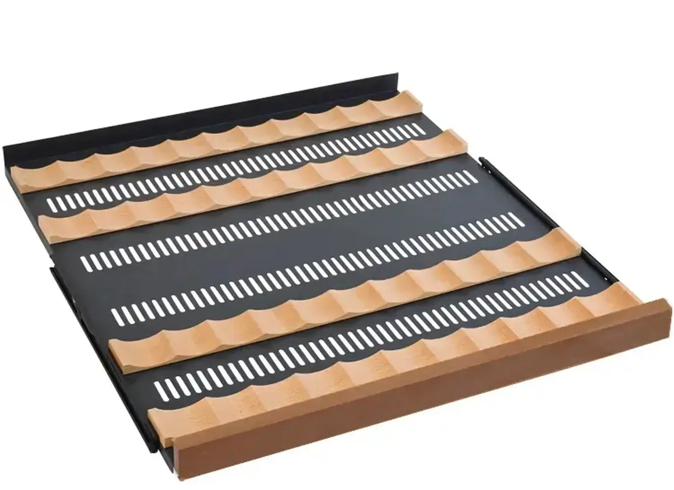 Empty Allavino glide-out wine refrigerator shelf featuring a black metal frame, built-in ball-bearing tracks, and premium wood slats with sapele wood trim.