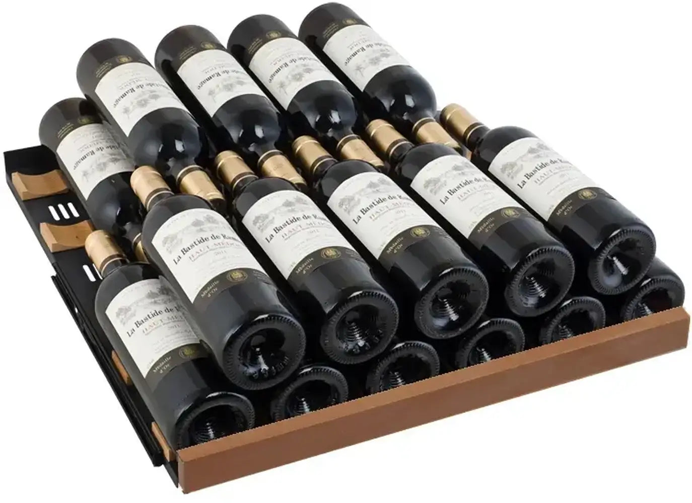 Double-stacked wine bottle configuration on a single Allavino glide-out shelf, showcasing how to maximize the 119-bottle capacity of the VSW11955S-1SL refrigerator.