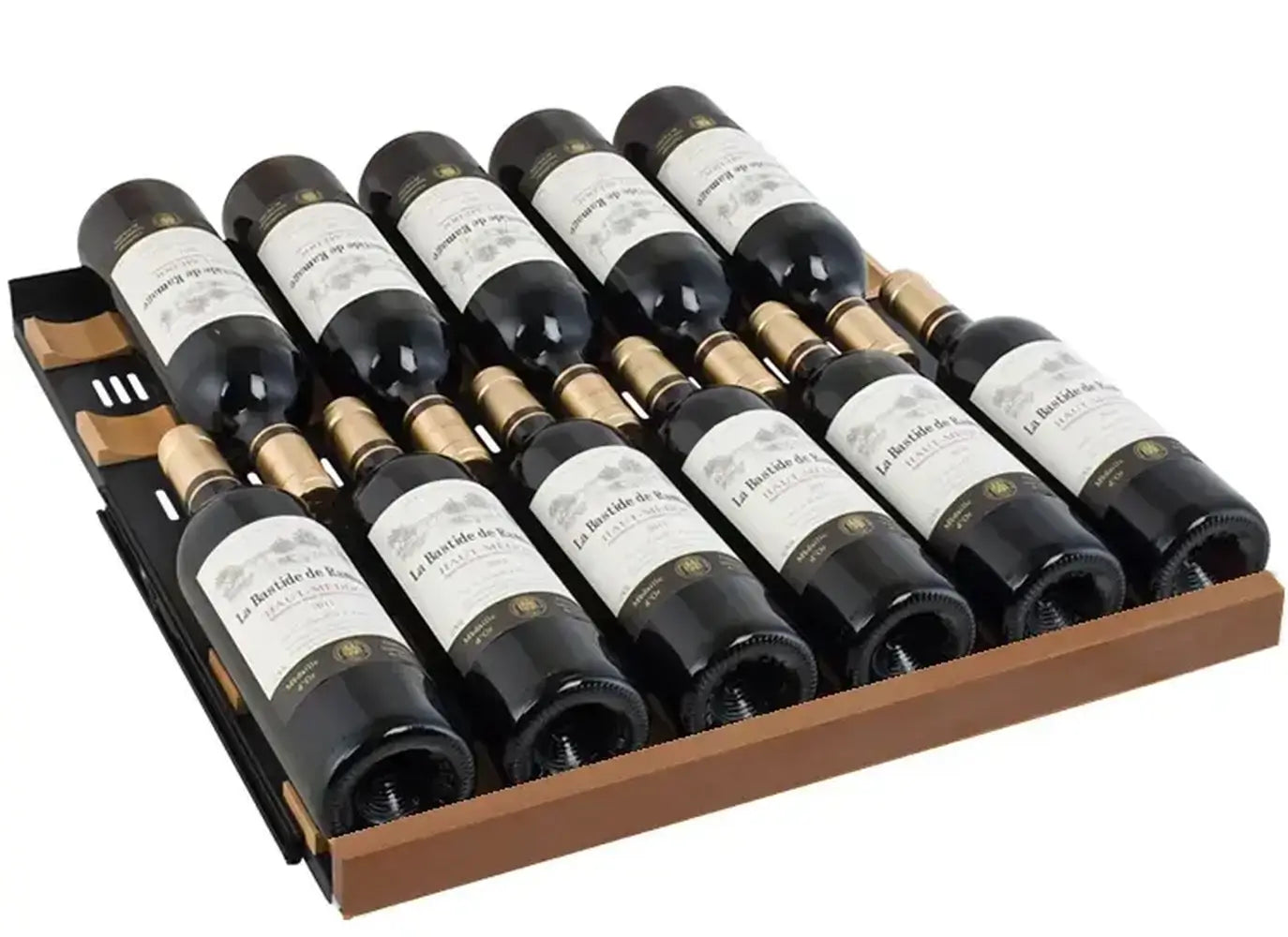 Allavino sapele wood-trimmed wine cooler shelf fully loaded with 11 Bordeaux-style wine bottles to demonstrate maximum single-layer storage.