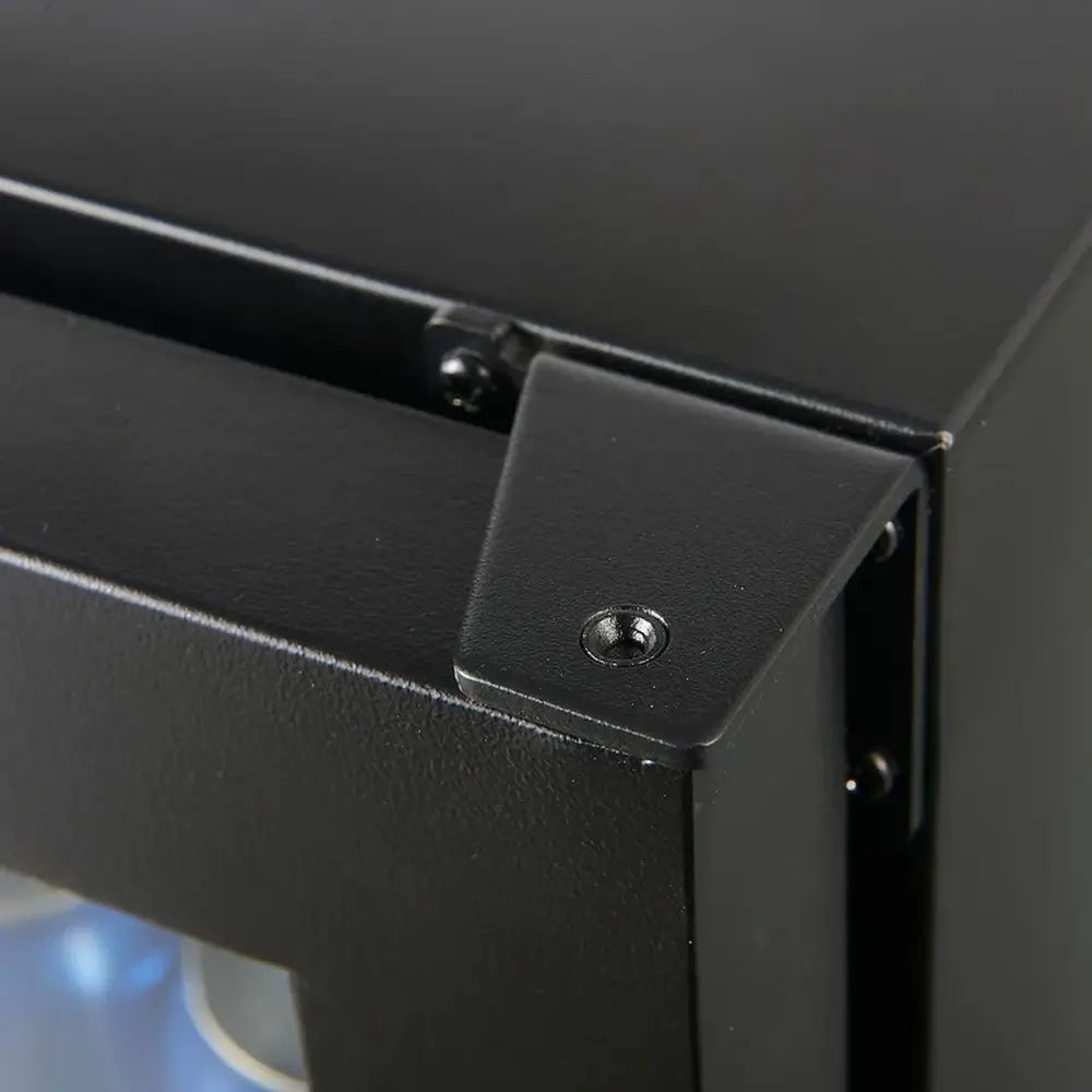 Close-up detail of the durable black door hinge on a KingsBottle KBU190B2-BLK beverage cooler.