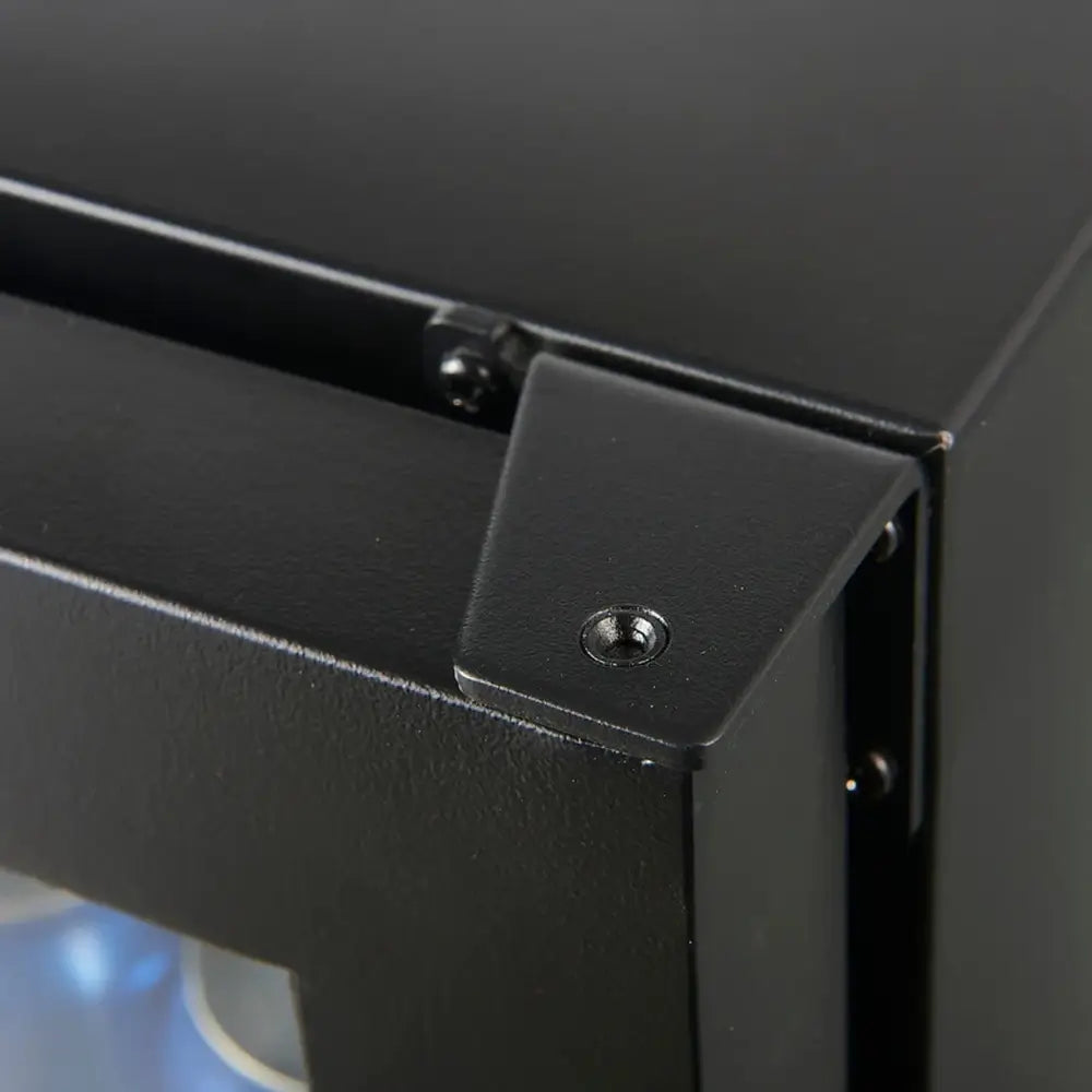 Close-up view of the sleek black door hinge hardware for the KingsBottle KBU165B2 black glass door fridge.