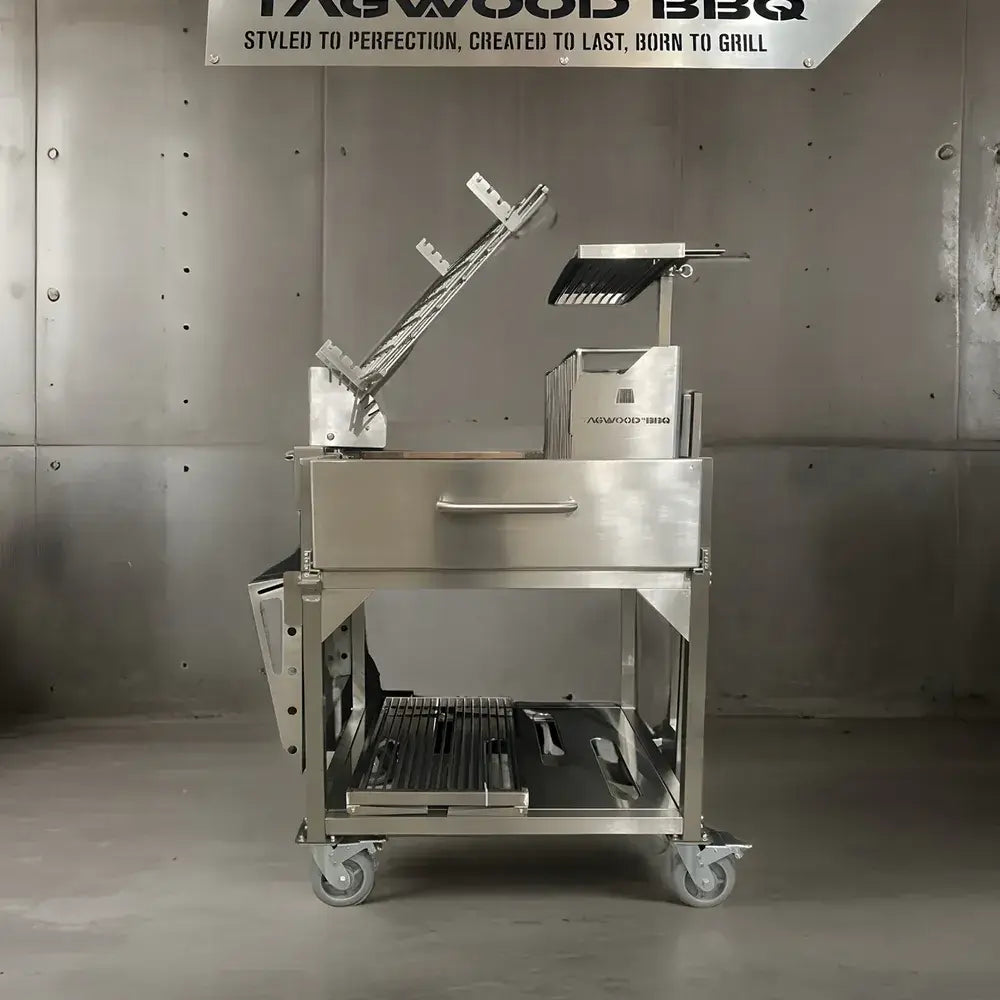 Tagwood BBQ33SS Argentine clamp grill stainless steel cart with storage shelf and clamp grate