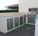 Sunstone 16-inch reversible access door installed in outdoor kitchen island with stainless cabinets and built-in grill.