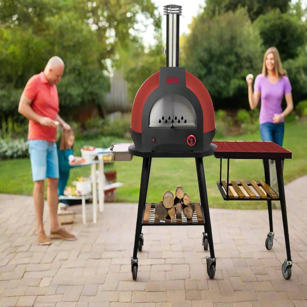WPPO Infinity 75cm side table attached to wood-fired oven with red tiled top, wheeled frame, and lower wood shelf.