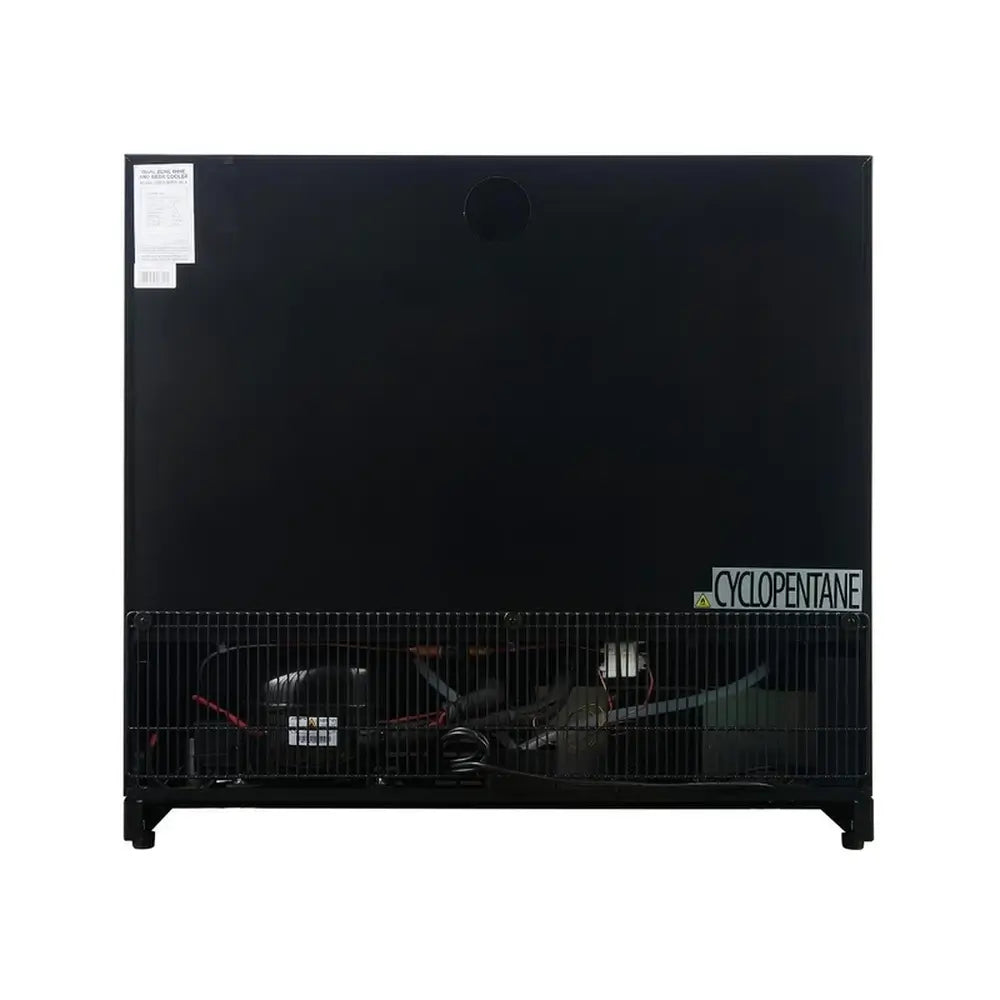 Rear view of KingsBottle KBU190B2 beverage cooler showing compressor, wiring, and cyclopentane insulation label.