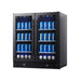 KingsBottle KBU165B2 black undercounter beverage cooler fully stocked with soda cans and illuminated by blue LEDs.