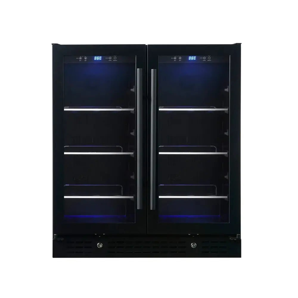 Front view of KingsBottle KBU165B2 black double door beverage fridge with blue interior LED lighting and digital temperature controls.