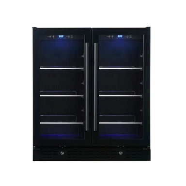 Front view of KingsBottle KBU165B2 black double door beverage fridge with blue interior LED lighting and digital temperature controls.