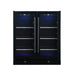 Front view of KingsBottle KBU165B2 black double door beverage fridge with blue interior LED lighting and digital temperature controls.