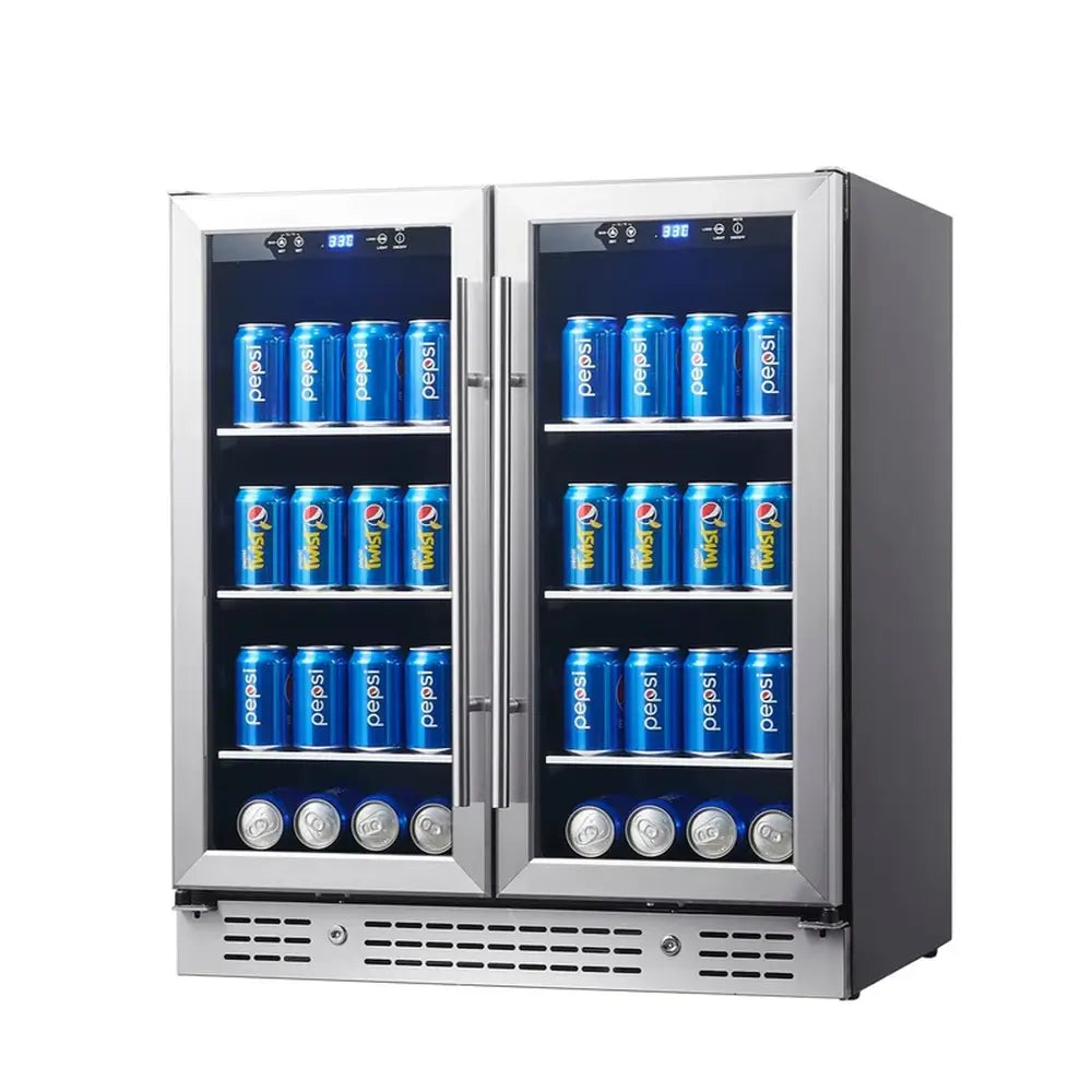 Stainless steel KingsBottle KBU165B2 30-inch beverage center stocked with canned drinks for a home bar or kitchen.