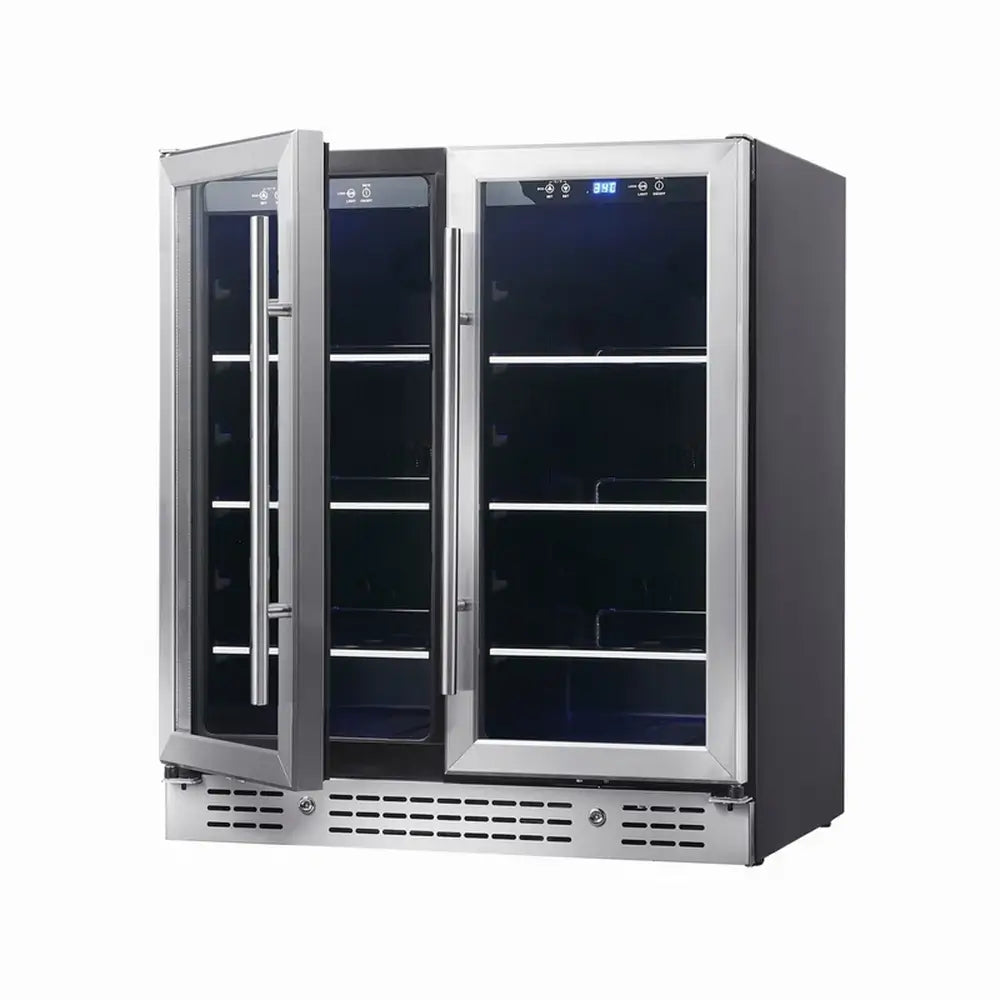 KingsBottle KBU165B2 stainless steel beverage fridge with one glass door open showing adjustable shelves and blue lighting.