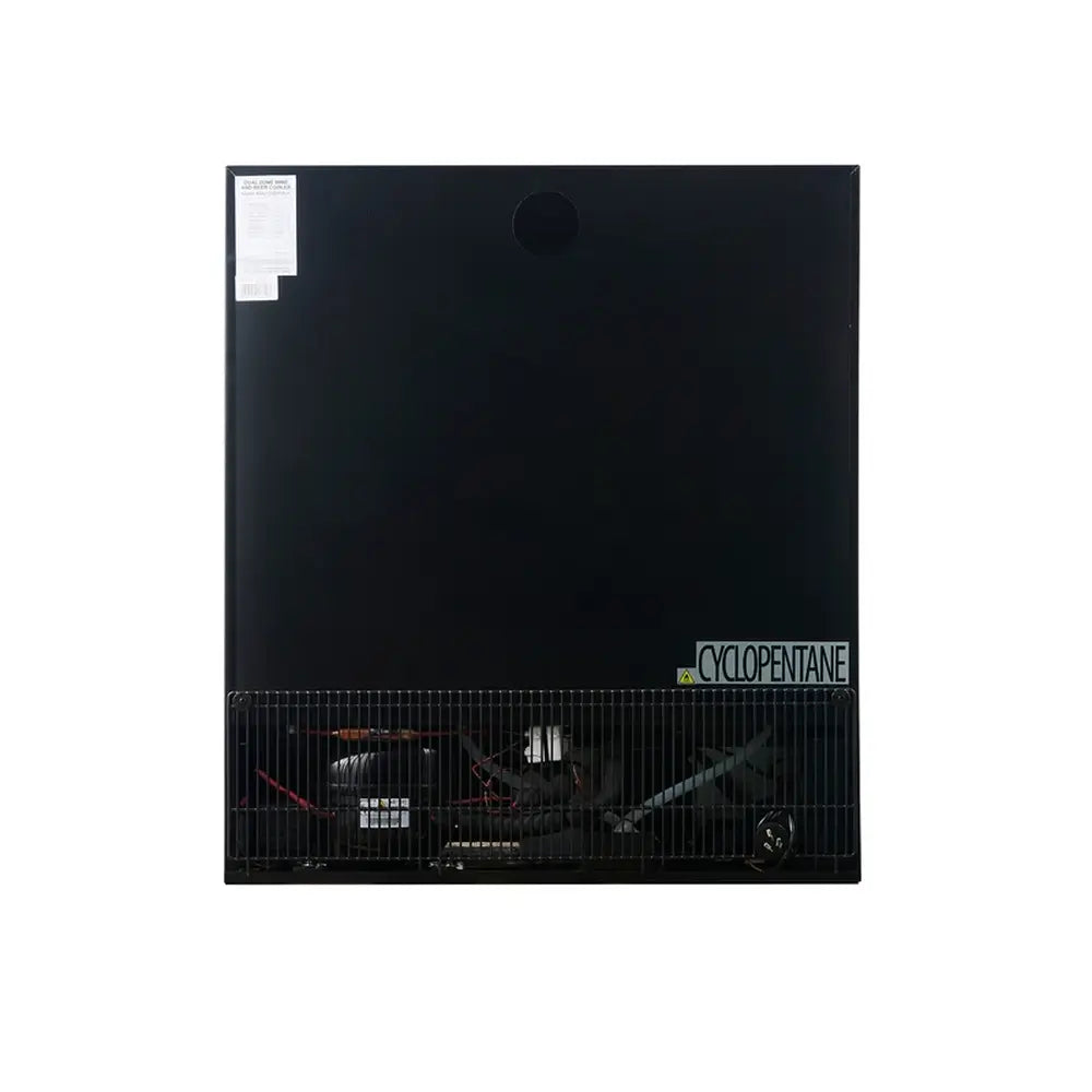 Rear view of the KingsBottle KBU165W2 wine cooler showing the compressor, cooling components, and back panel.