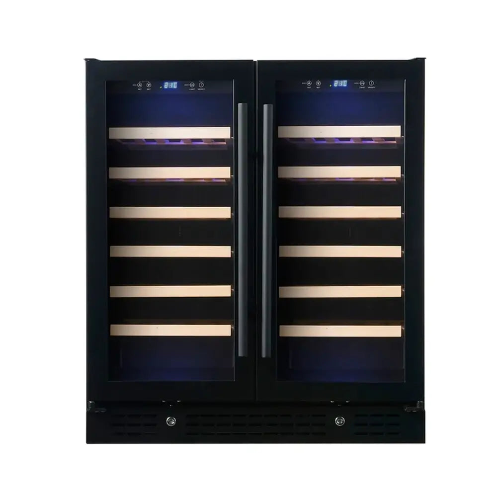 Front view of the black KingsBottle 30-inch dual zone wine refrigerator featuring dual-door glass and wooden shelving.