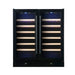 Front view of the black KingsBottle 30-inch dual zone wine refrigerator featuring dual-door glass and wooden shelving.