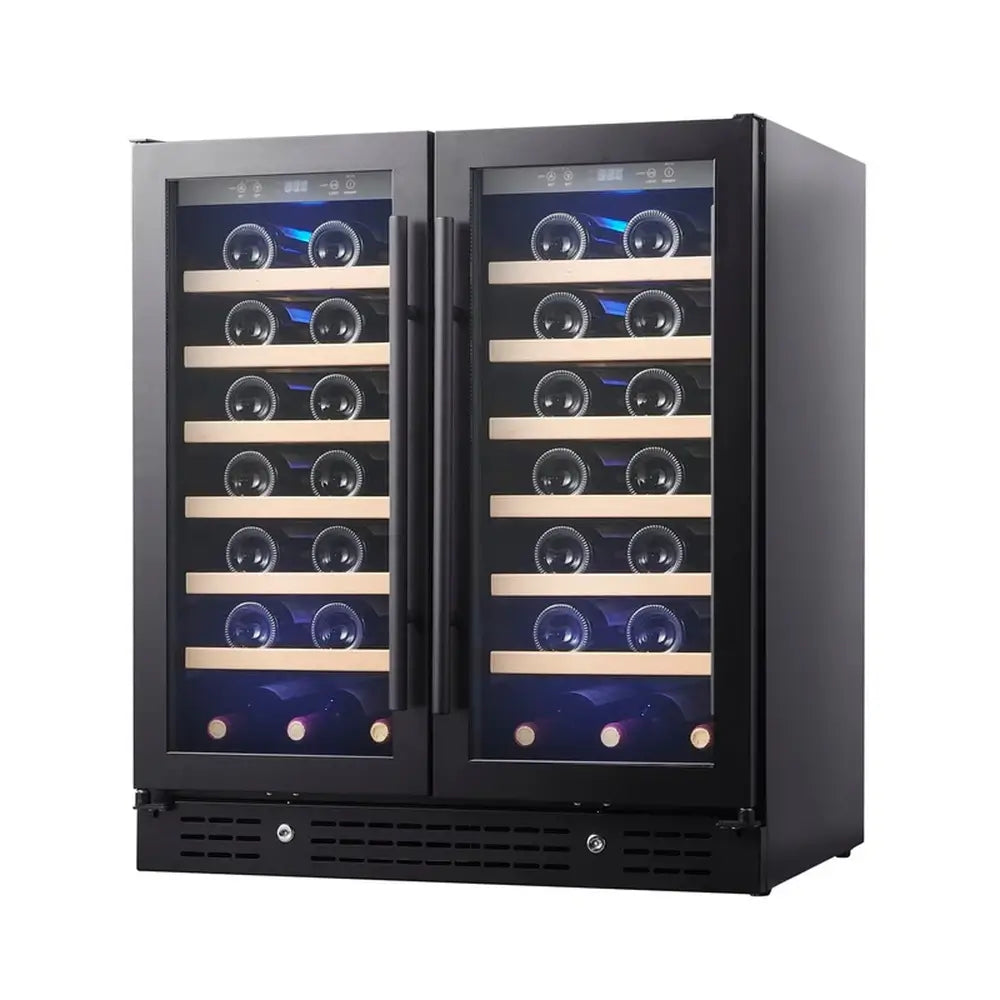 Fully stocked KingsBottle KBU165W2 30-inch dual zone wine cooler with black frame and blue interior LED lighting.
