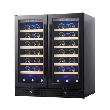 Fully stocked KingsBottle KBU165W2 30-inch dual zone wine cooler with black frame and blue interior LED lighting.