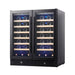 Fully stocked KingsBottle KBU165W2 30-inch dual zone wine cooler with black frame and blue interior LED lighting.