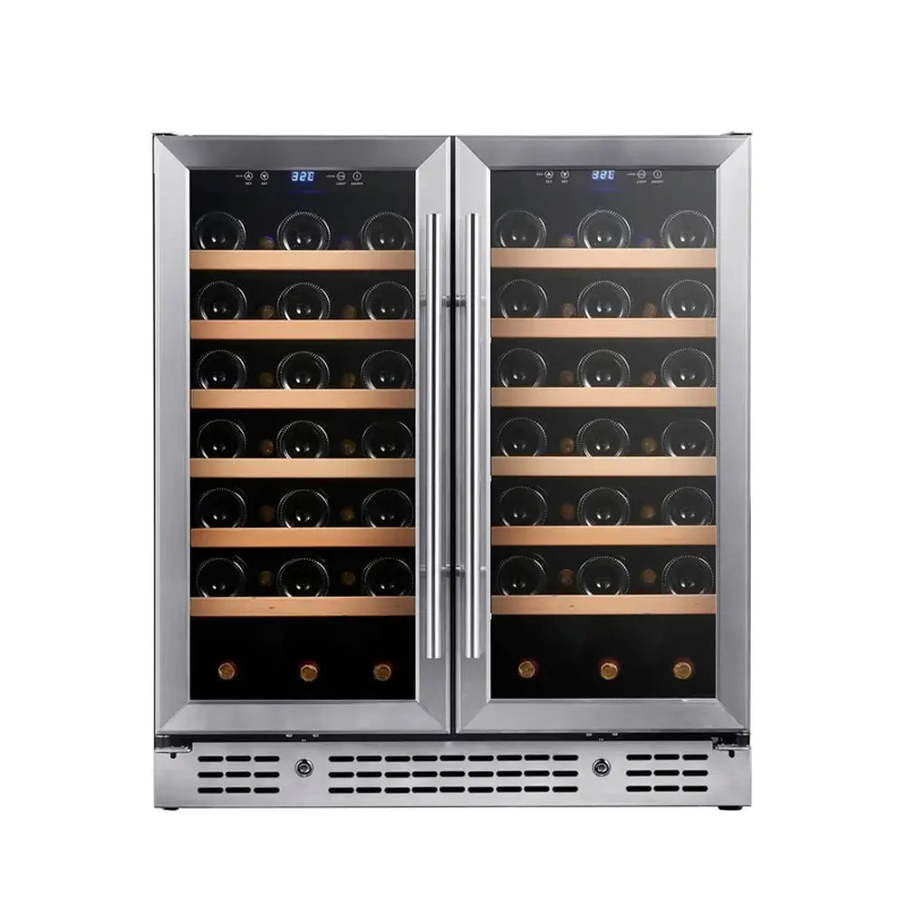 KingsBottle KBU165W2 stainless steel 30-inch dual zone wine cellar fully stocked with wine bottles.