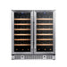 KingsBottle KBU165W2 stainless steel 30-inch dual zone wine cellar fully stocked with wine bottles.