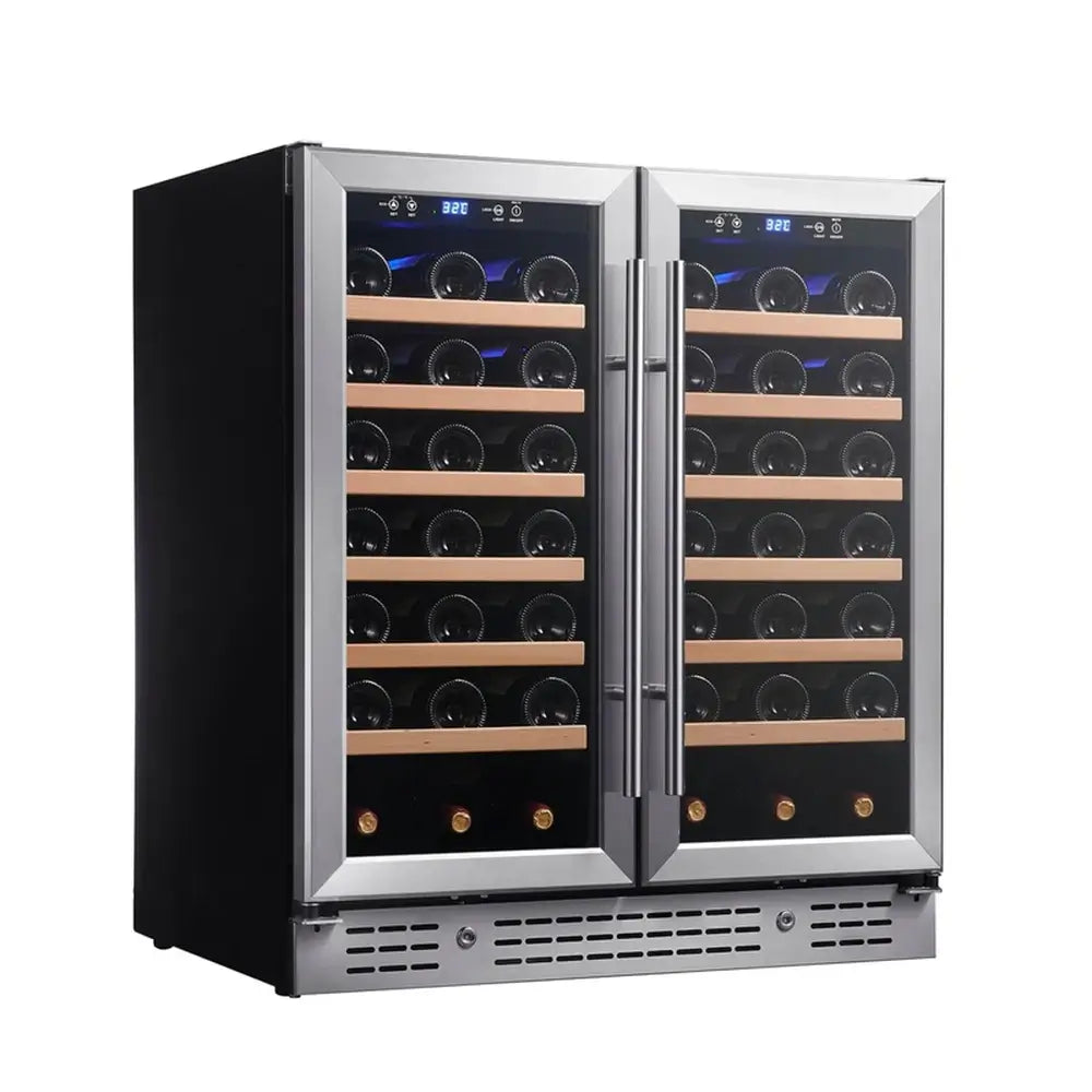 KingsBottle KBU165W2 30-inch dual zone wine cooler with stainless steel French doors, wooden shelves, blue LED lighting, and large bottle storage capacity.