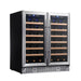 KingsBottle KBU165W2 30-inch dual zone wine cooler with stainless steel French doors, wooden shelves, blue LED lighting, and large bottle storage capacity.
