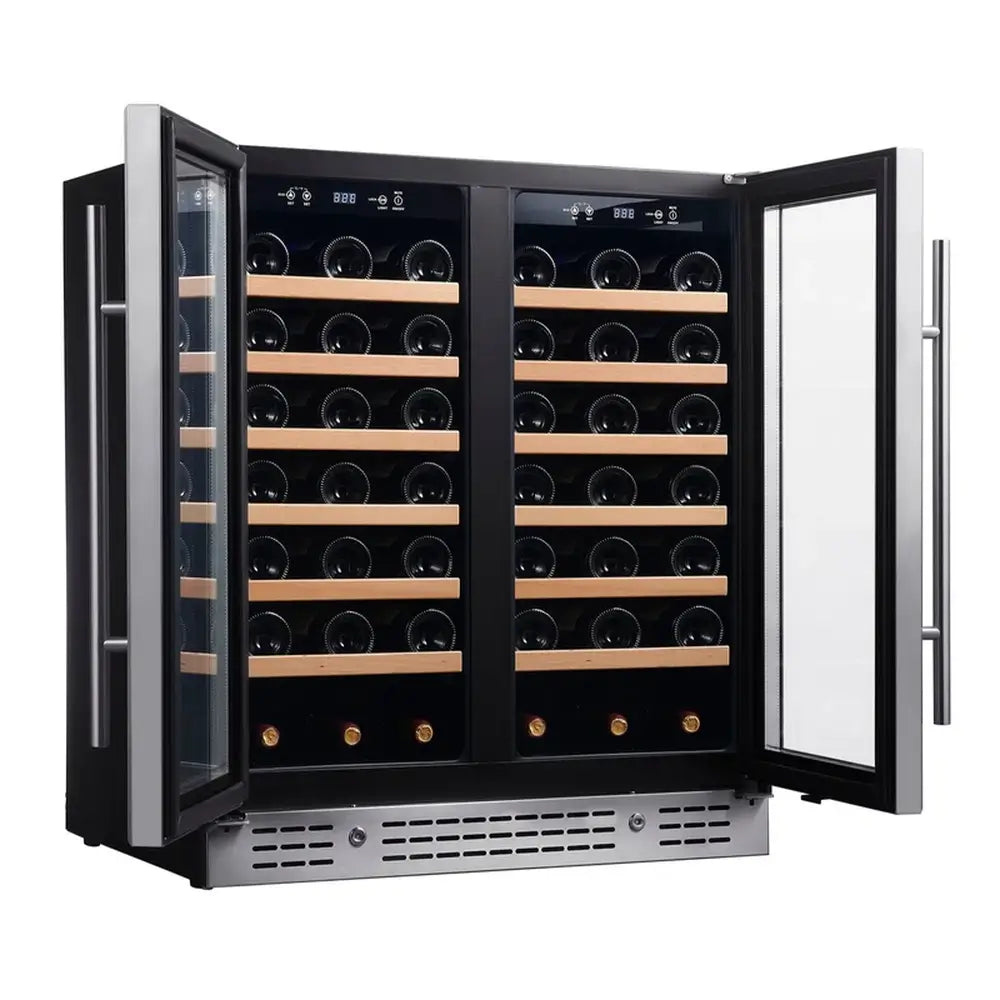 Stainless steel KingsBottle wine cooler with dual doors open showing the sliding wooden shelves and blue LED temperature displays.
