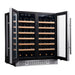 Stainless steel KingsBottle wine cooler with dual doors open showing the sliding wooden shelves and blue LED temperature displays.