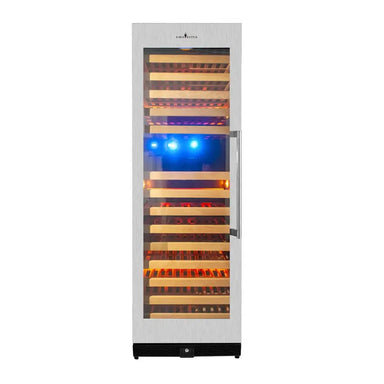 KingsBottle KBU170DX-SS LHH tall wine refrigerator featuring dual-color LED lighting and beech wood shelves.