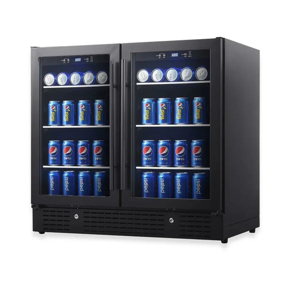 Angled view of KingsBottle KBU190B2-BLK 36-inch black dual zone beverage fridge stocked with soda cans.