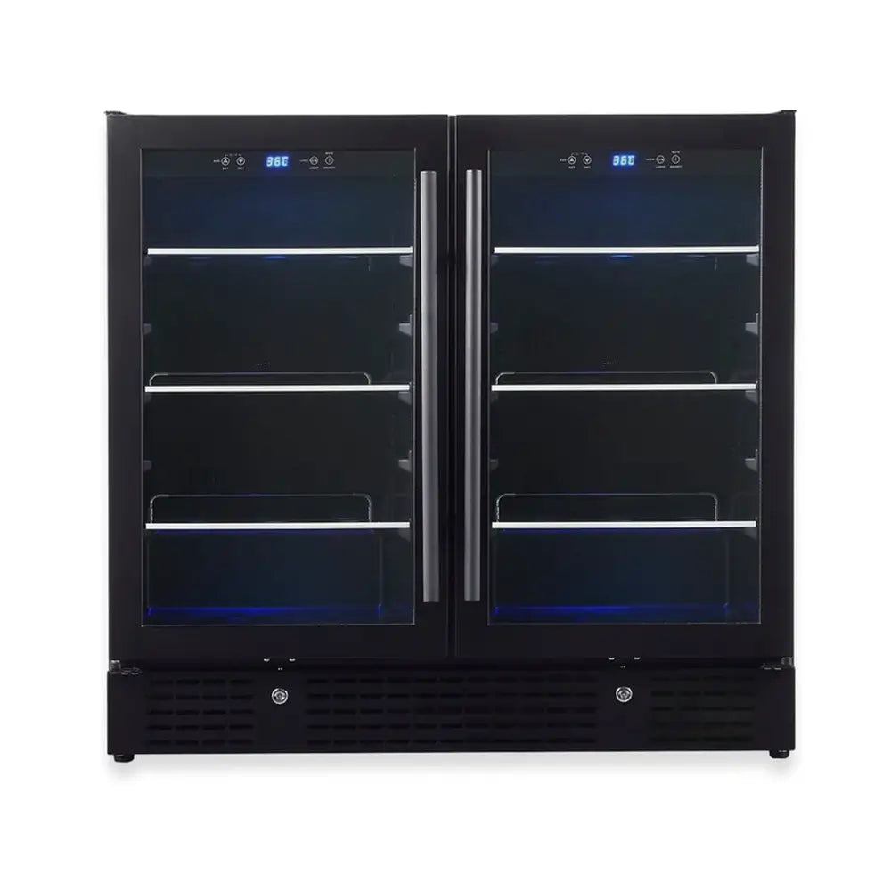Front view of KingsBottle KBU190B2-BLK black beverage center with dual glass doors and blue LED lighting.