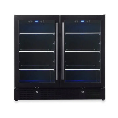 Front view of KingsBottle KBU190B2-BLK black beverage center with dual glass doors and blue LED lighting.