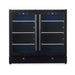 Front view of KingsBottle KBU190B2-BLK black beverage center with dual glass doors and blue LED lighting.