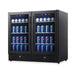 Angled view of KingsBottle KBU190B2-BLK 36-inch black dual zone beverage fridge stocked with soda cans.
