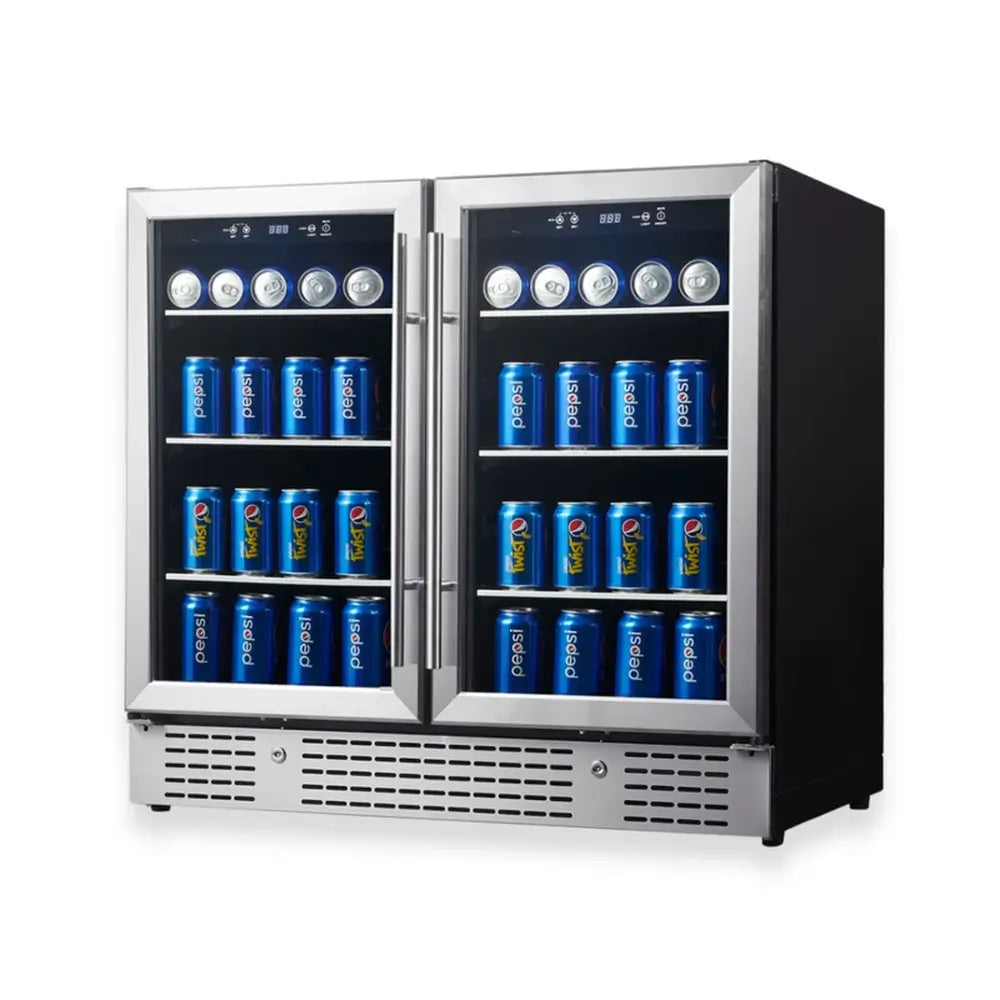Angled view of KingsBottle KBU190B2-SS stainless steel 36-inch dual zone beverage cooler filled with 11.2oz cans.