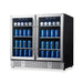 Angled view of KingsBottle KBU190B2-SS stainless steel 36-inch dual zone beverage cooler filled with 11.2oz cans.