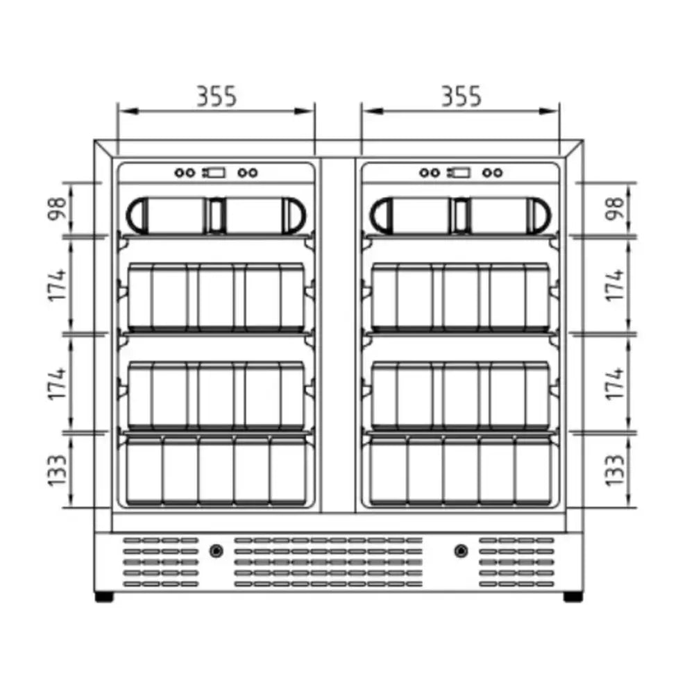 Internal dimension schematic for KingsBottle KBU190B2 dual zone beverage cooler showing shelf heights in millimeters.