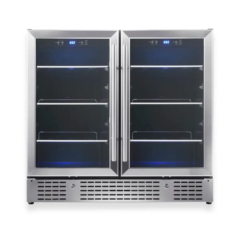Front view of KingsBottle KBU190B2-SS stainless steel beverage fridge showing dual-zone digital temperature controls.