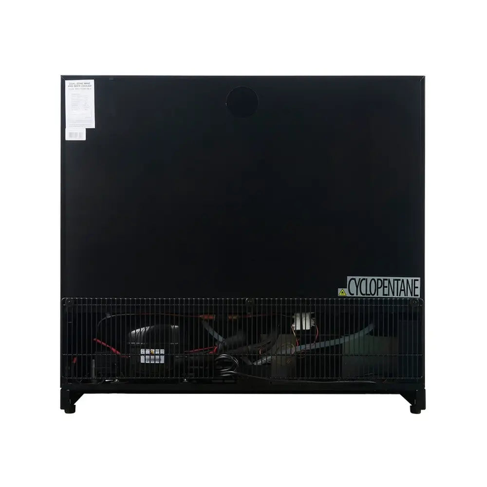 Rear view of KingsBottle wine cooler showing compressor compartment, ventilation grille, and cyclopentane insulation label.