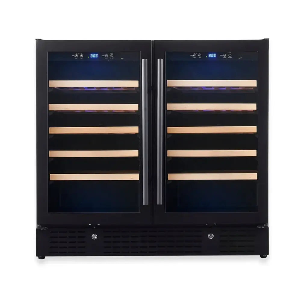 Front view of KingsBottle KBU190W2 36-inch dual zone wine refrigerator with black frame glass doors and digital displays.