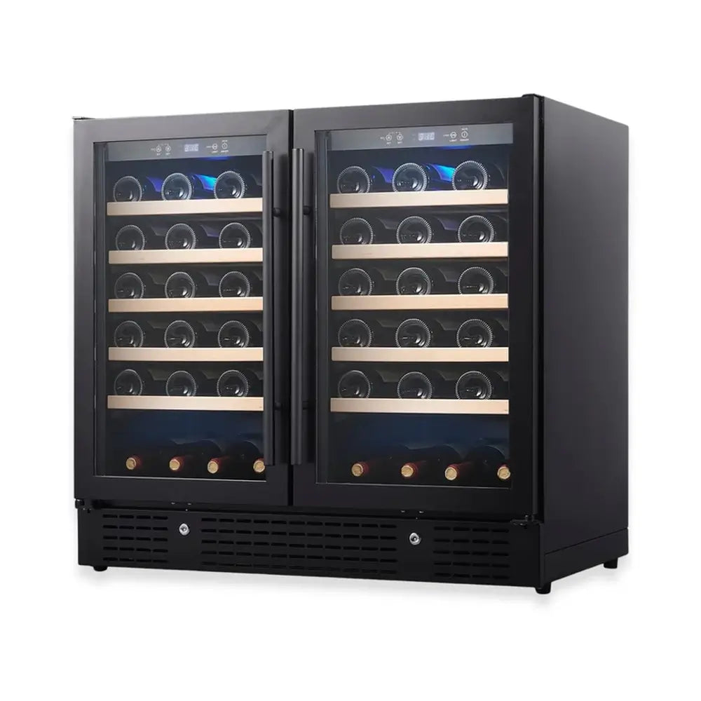 Angled view of KingsBottle KBU190W2 black glass dual zone wine cooler fully stocked with wine bottles on hardwood shelves.