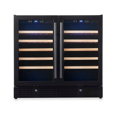 Front view of KingsBottle KBU190W2 36-inch dual zone wine refrigerator with black frame glass doors and digital displays.