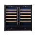 Front view of KingsBottle KBU190W2 36-inch dual zone wine refrigerator with black frame glass doors and digital displays.