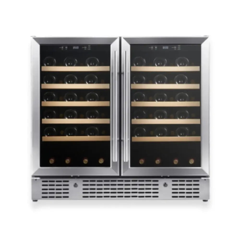 Front-facing view of KingsBottle KBU190W2 stainless steel double-door wine cellar featuring digital temperature controls.