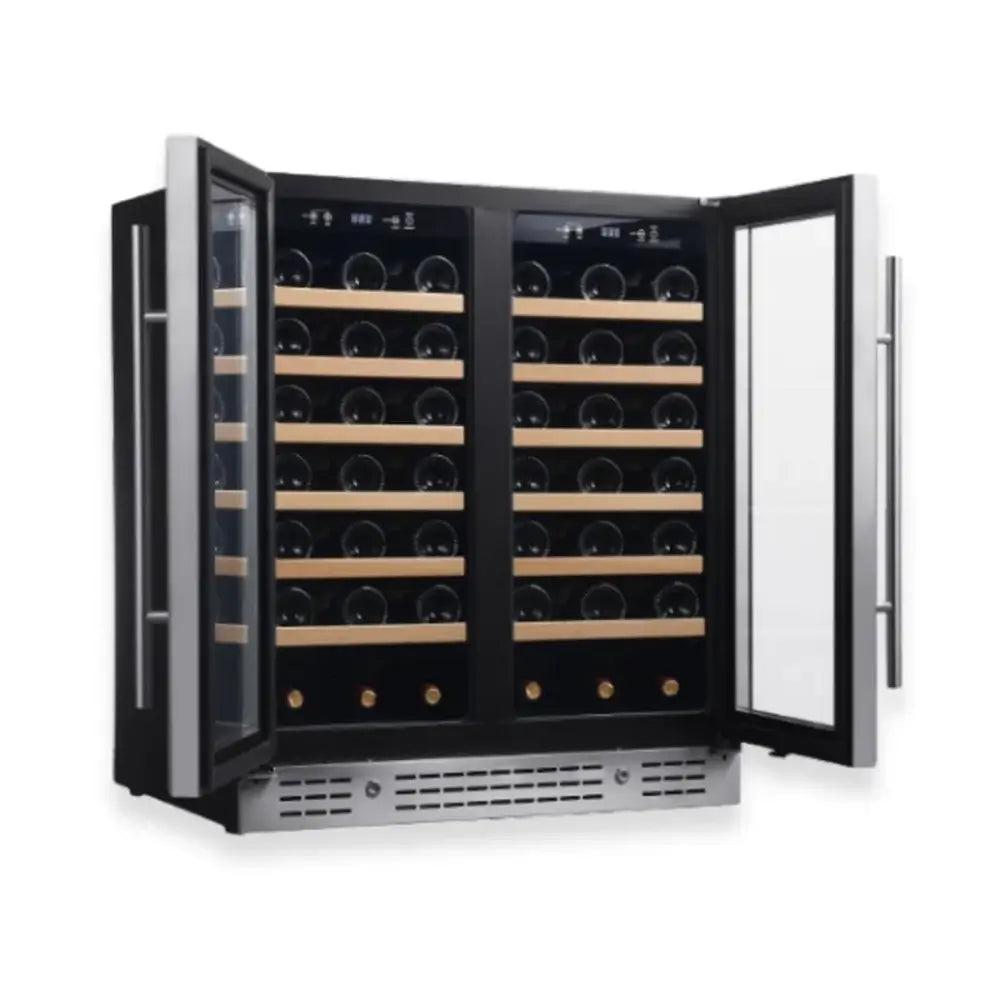 KingsBottle KBU190W2 stainless steel wine cooler with both French doors open, displaying the 68-bottle storage capacity.