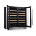 KingsBottle KBU190W2 stainless steel wine cooler with both French doors open, displaying the 68-bottle storage capacity.