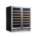 KingsBottle KBU190W2 36-inch stainless steel dual zone wine refrigerator shown from a 3/4 angle with blue interior lighting.