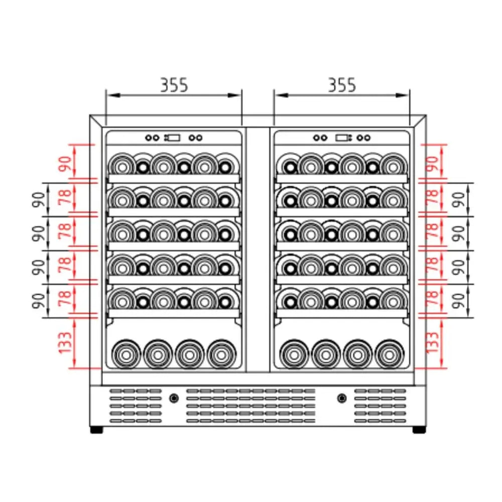 Internal shelf spacing diagram for KingsBottle 36-inch wine cooler showing 90mm and 78mm vertical clearances.