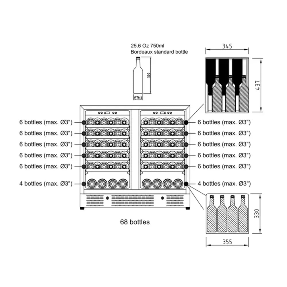68-bottle storage capacity guide for KingsBottle KBU190W2 showing Bordeaux bottle placement on wooden shelves.